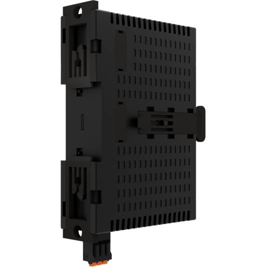 Czarny elektroniczny sprzęt z gniazdami, prawdopodobnie moduł lub adapter, widok z boku z otworami wentylacyjnymi.