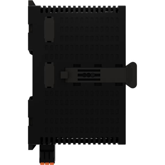 Czarna elektroniczna komponenta z wieloma złączami i mocowaniem bocznym, prawdopodobnie przeznaczona do zastosowań przemysłowych.