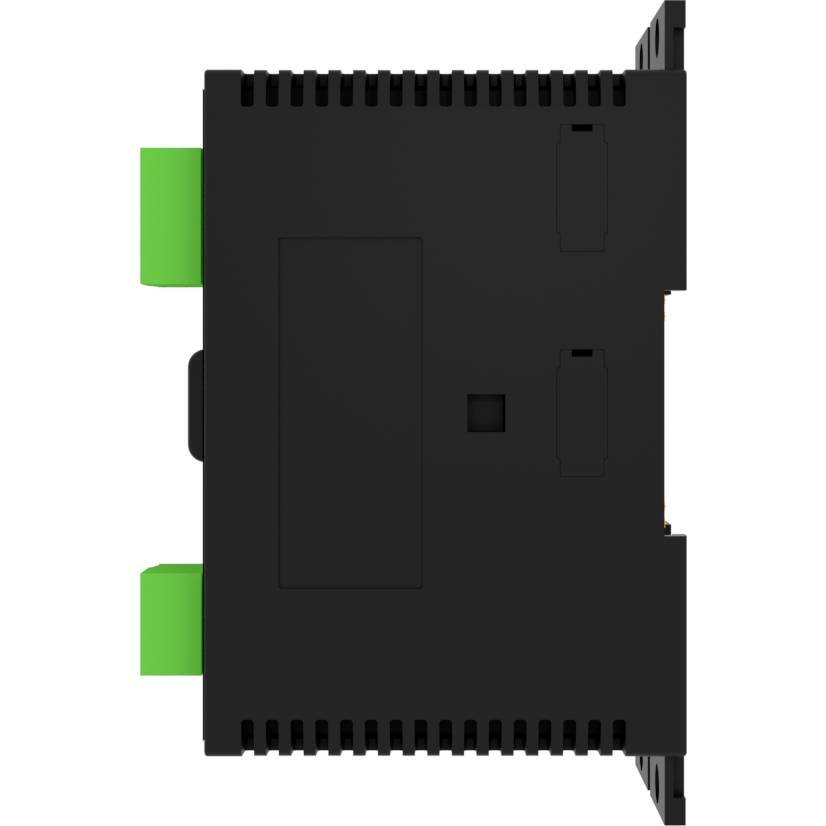 Jednostronne ujęcie czarnego, prostokątnego urządzenia elektronicznego z zielonymi złączami. Urządzenie nadaje się do montażu.