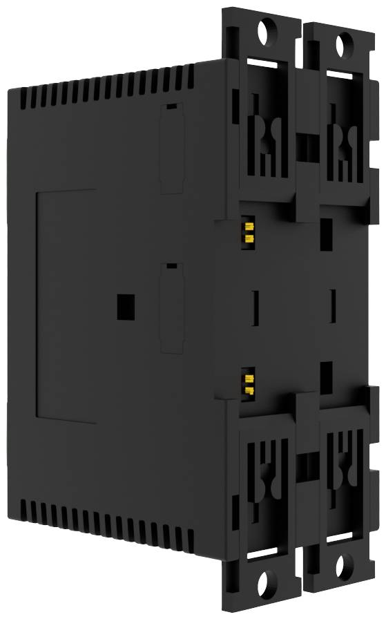 Czarny, prostokątny element elektroniczny z otworami wentylacyjnymi i czterema mocowaniami po bokach.