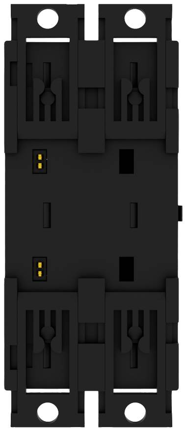 Czarny elektryczny adapter przełączający z dwoma żółtymi stykami, odpowiedni do montażu na szynie DIN.