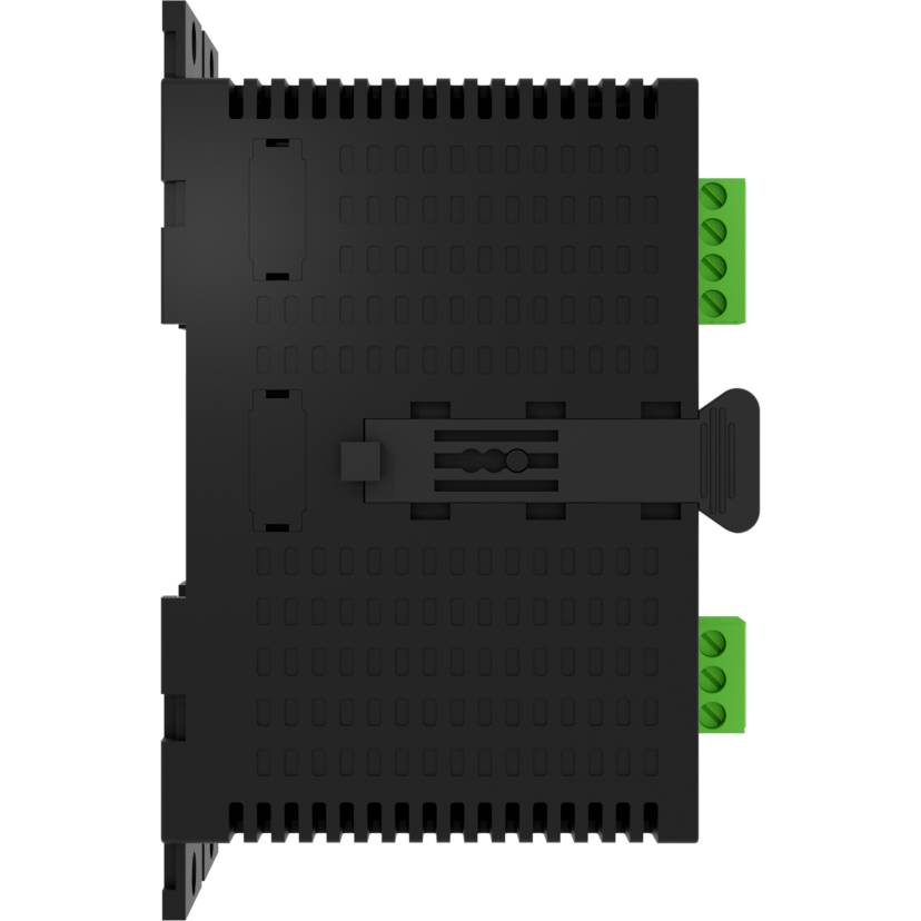 Czarne urządzenie elektroniczne z zielonymi portami po bokach. Urządzenie posiada przycisk mocujący pośrodku.