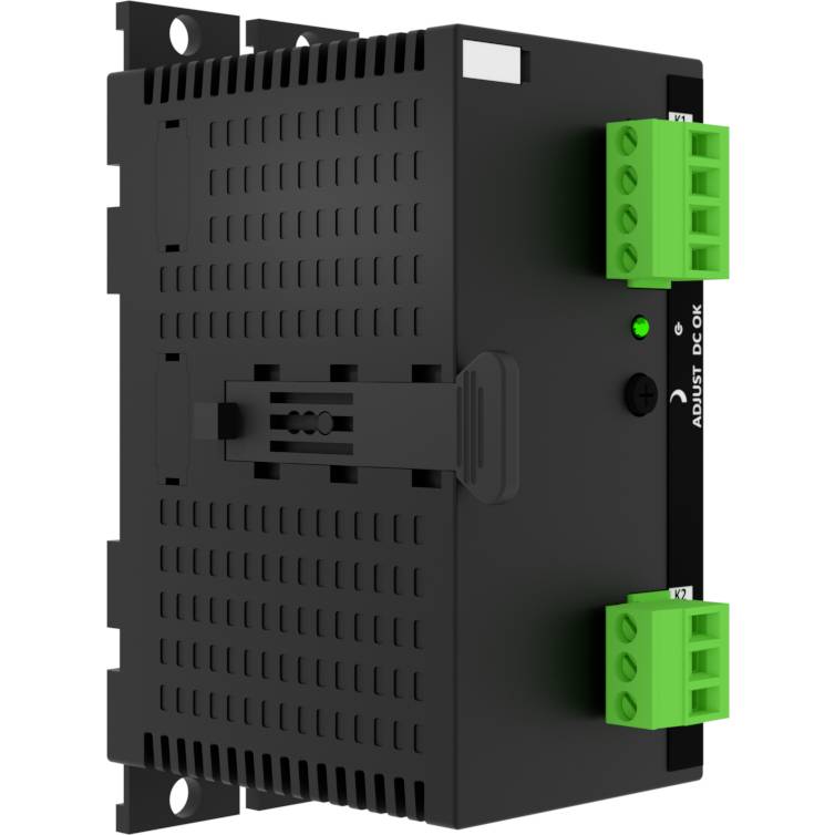 Czarny elektroniczny regulator napięcia stałego z zielonymi zaciskami przyłączeniowymi i pokrętłem regulacyjnym, nadający się do montażu ściennego.