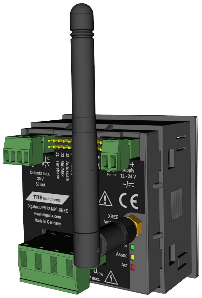 Cyfrowy moduł sterujący z anteną, zielonymi zaciskami przyłączeniowymi i wskaźnikami LED. Zaprojektowany do zastosowań w sterowaniu elektrycznym.