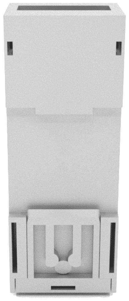 Szary, prostokątny pojemnik z kwadratowym otworem na górze i pionowymi szczelinami po bokach.