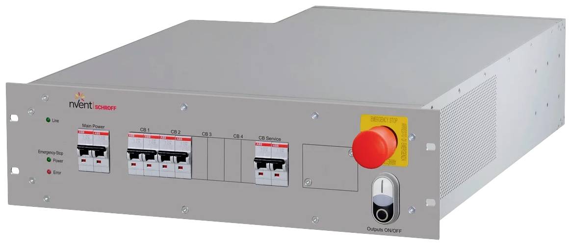 Szaro-srebrne urządzenie elektroniczne z czterema przełącznikami oraz dużym czerwonym przyciskiem awaryjnego wyłączenia. Odpowiednie do zastosowań przemysłowych.