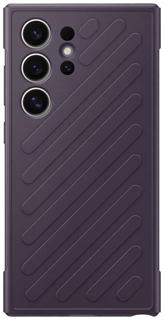 Fioletowy smartfon z pionowo prążkowaną obudową, prostokątne wycięcie na aparat z czterema obiektywami w lewym górnym rogu.
