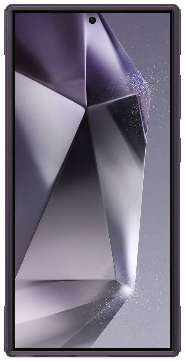 Smartfon z dużym ekranem wyświetla abstrakcyjny fioletowo-czarny wzór geometryczny, przypominający fasetowany kryształ.