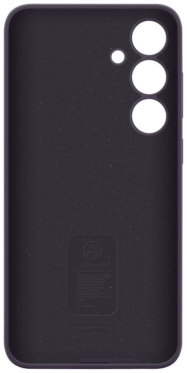 Etui na telefon w ciemnym kolorze z wycięciami na obiektywy aparatu i lampę błyskową. Minimalistyczny design, odpowiedni dla smartfonów.