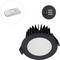 Czarna okrągła lampa downlight LED ze zintegrowanym radiatorem i zdalnym zasilaczem, dodatkowo wyposażona w przełącznik 3-pozycyjny do wyboru barwy światła 3000K, 4000K lub 5700K.