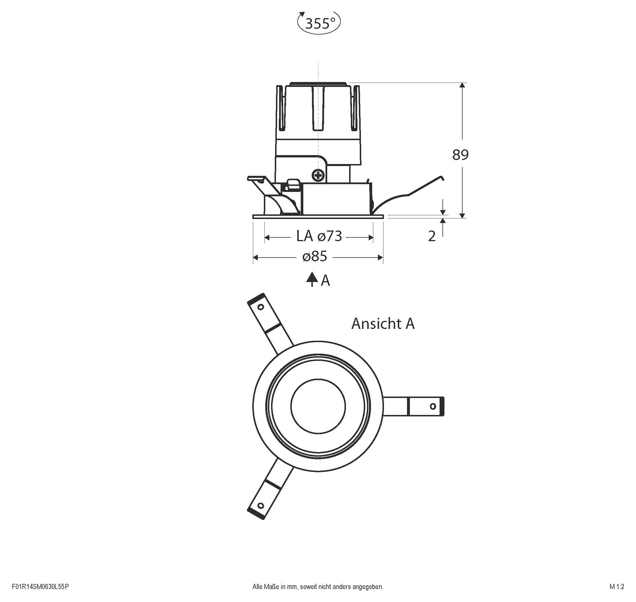 Techniczny rysunek wymiarowy cylindrycznego elementu, pokazujący widok z boku i widok z przodu z wymiarami 355°, 30°, 171 oraz średnicami Ø121, Ø204 i A 121.
