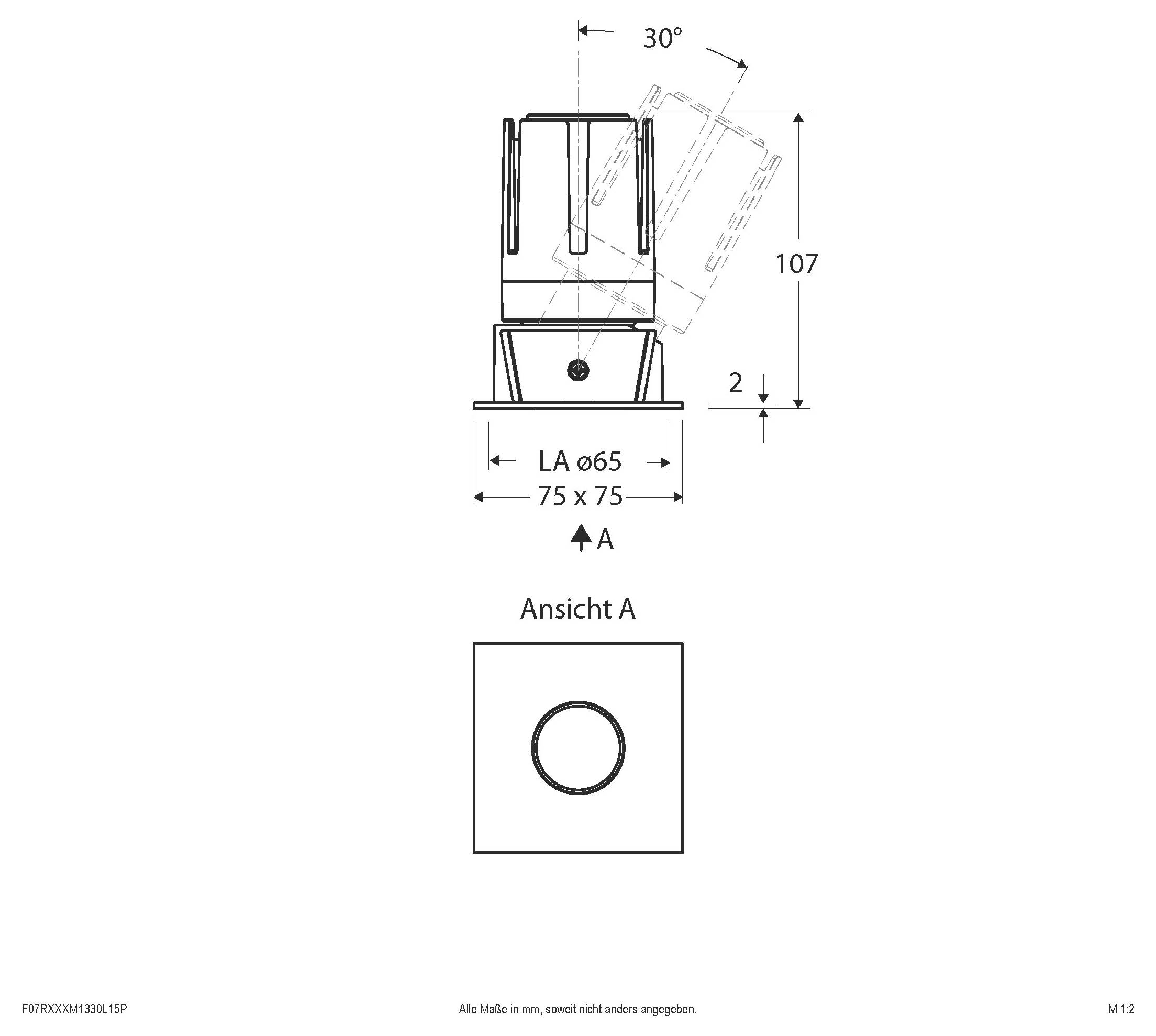 Techniczny rysunek wymiarowy części cylindrycznej pokazujący widoki z boku i z przodu, pochylenie 30°, wysokość 107 mm, podstawa 75 x 75 mm oraz 'Widok A'.