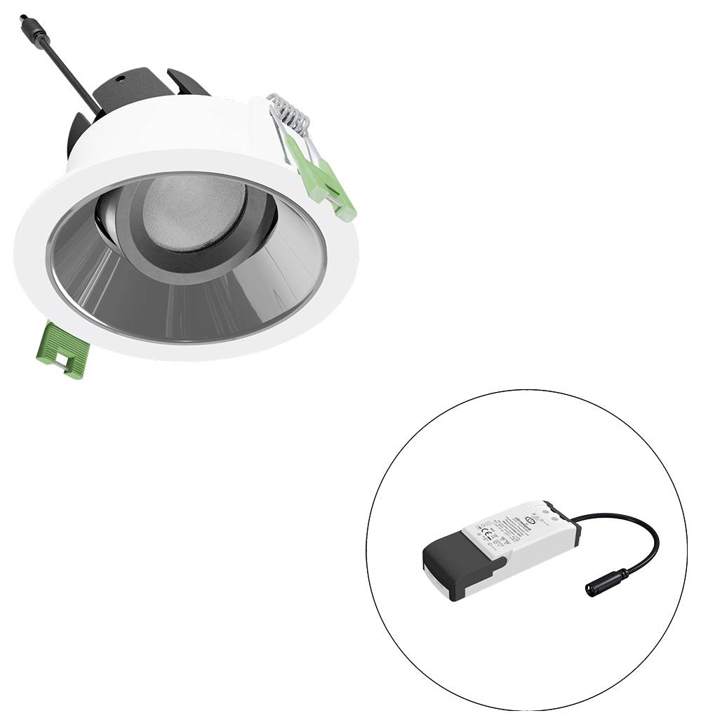Oprawy LED typu downlight z zaciągami sprężynowymi i zasilaczem przewodowym pokazanym w kółku wstawki.