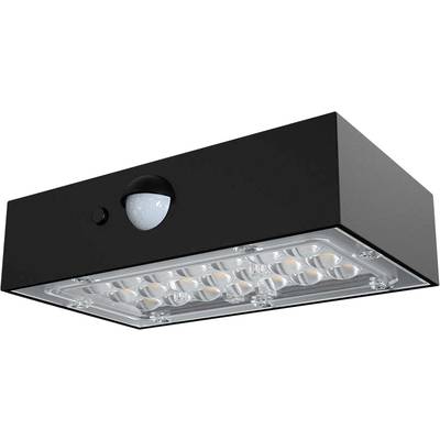 Czarna lampa LED do użytku zewnętrznego z czujnikiem ruchu, zamontowana na ścianie.