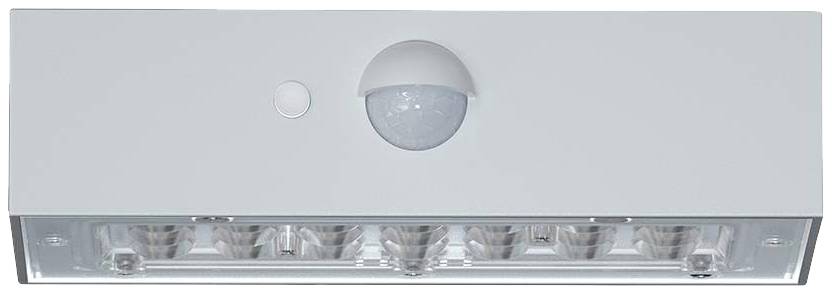 Prostokątny czujnik ruchu połączony z lampą sufitową LED posiada białą obudowę i transparentne diody LED umieszczone poniżej.