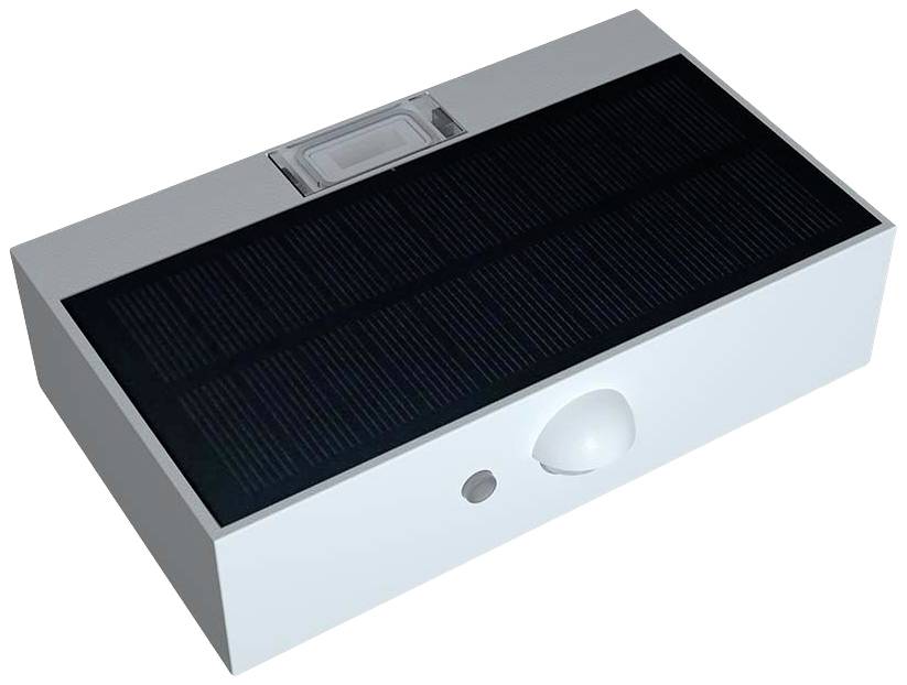Białe, prostokątne obudowa z panelem słonecznym na górze i czujnikiem ruchu z przodu.