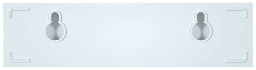 Biała, prostokątna płyta tylna z dwoma otworami w kształcie klucza do montażu ściennego.