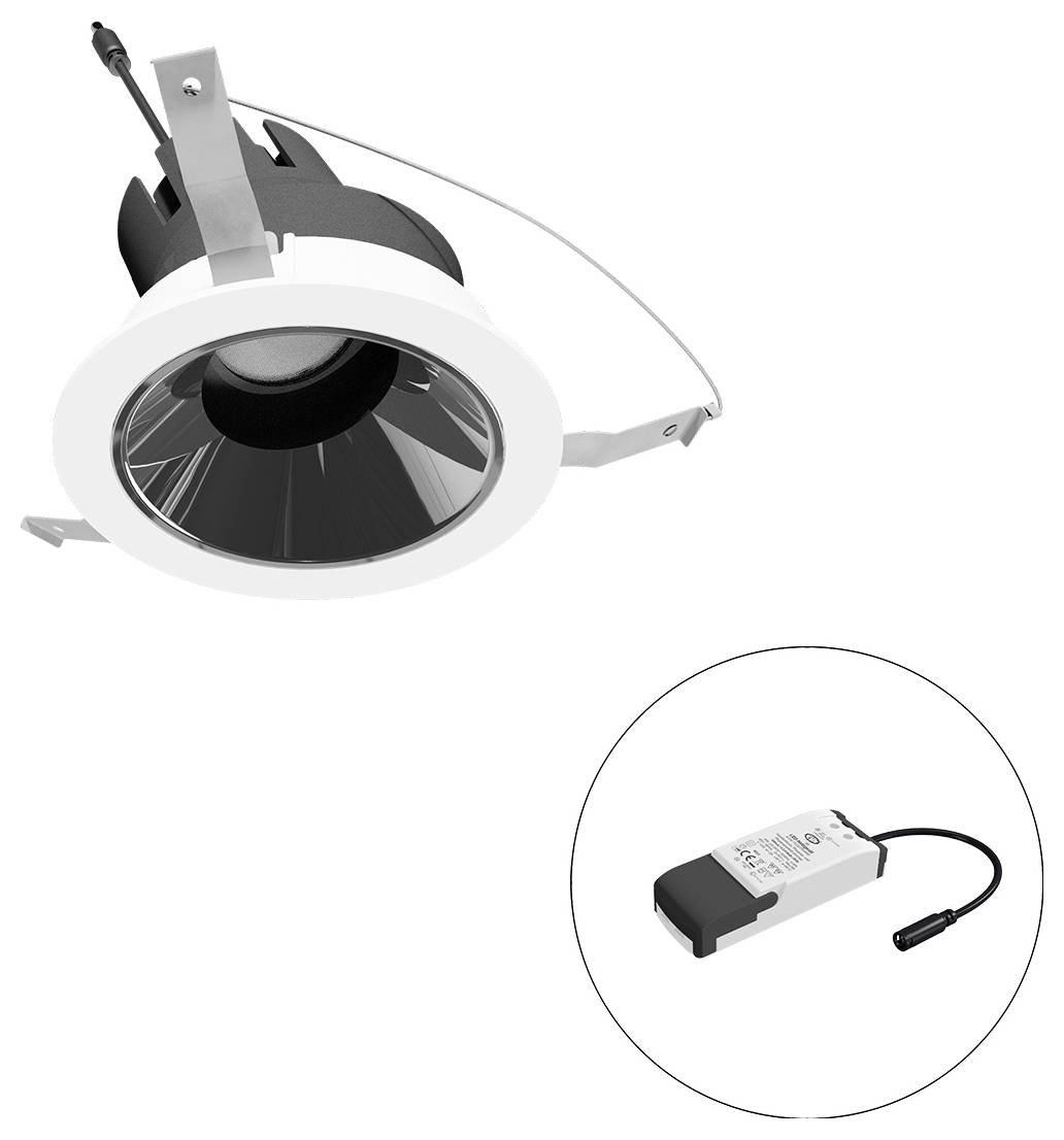 Wpuszczana lampa LED typu downlight z klipsami montażowymi i oddzielnym modułem sterownika pokazanym w okręgu wstawki.
