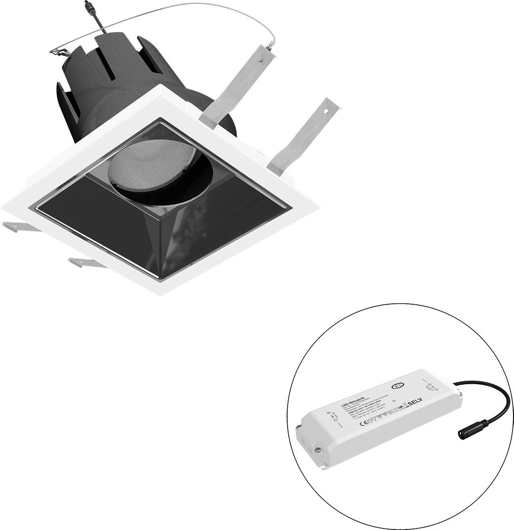 Kwadratowy downlight podtynkowy z zintegrowanym sterownikiem LED, pokazany w widoku z góry i z boku na białym tle.