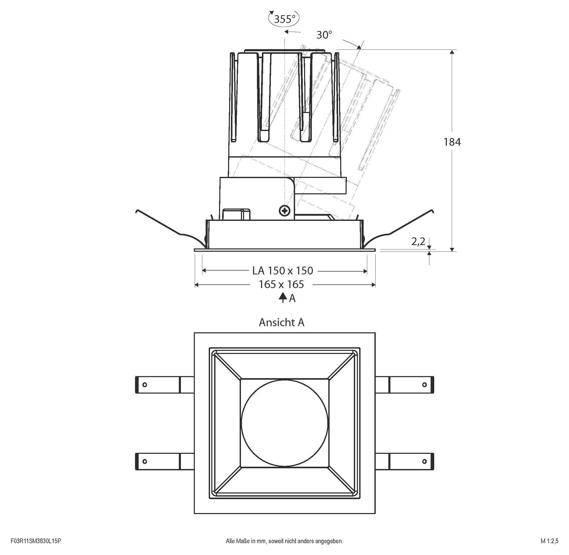 Techniczny rysunek liniowy kwadratowej regulowanej wentylacji lub dyszy, pokazujący widoki z góry i z przodu z wymiarami 150 x 150 mm, 165 x 165 mm, wysokość 184 mm oraz kąty obrotu 355°/30°.