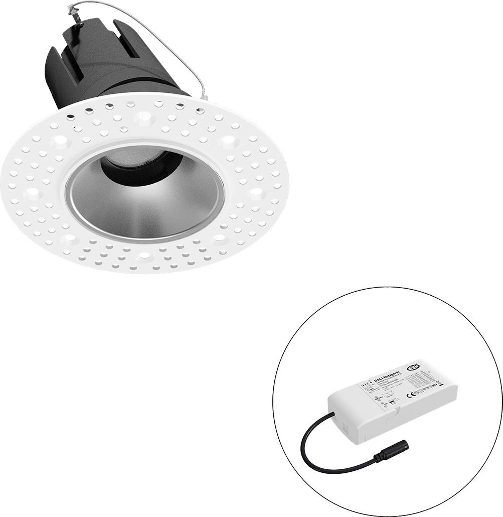 Wbudowana lampa LED z punktowanym białym rantem oraz oddzielny moduł zasilacza pokazany w kółku.