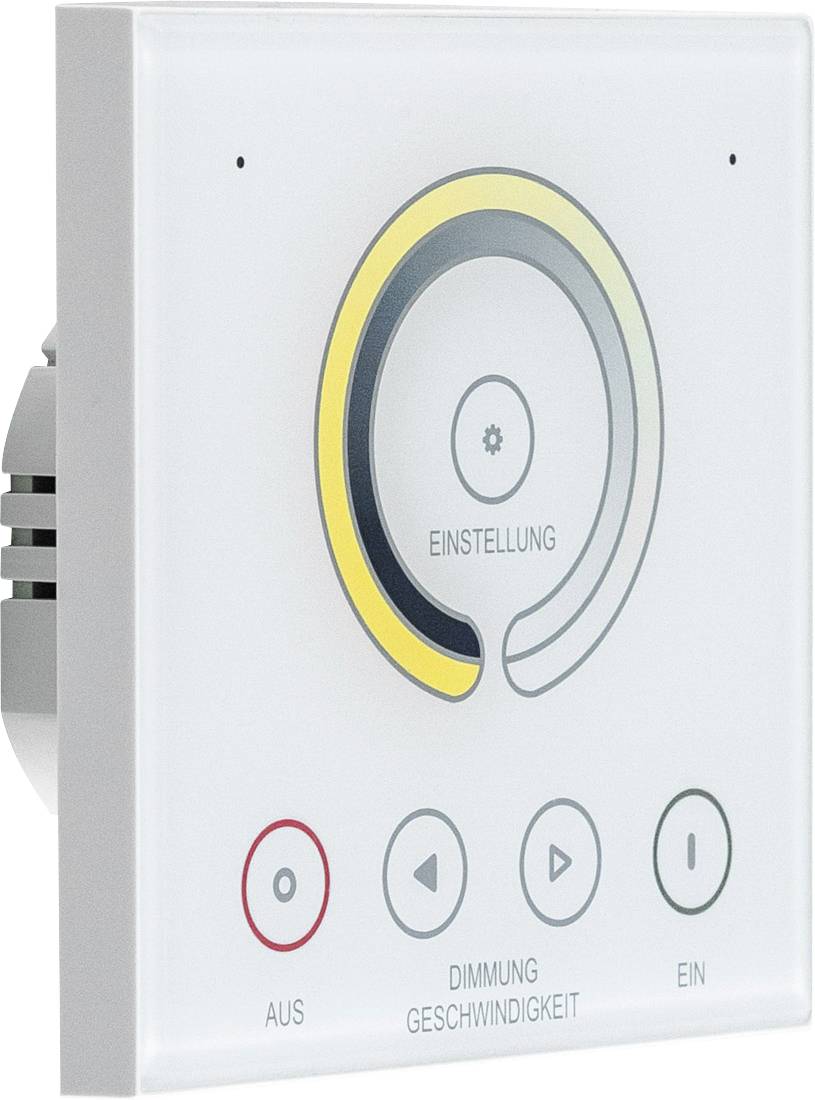 Ścienny panel sterujący z okrągłym suwakiem oznaczonym etykietą „EINSTELLUNG" i czterema przyciskami do „AUS", szybkości przygaszania i „EIN".
