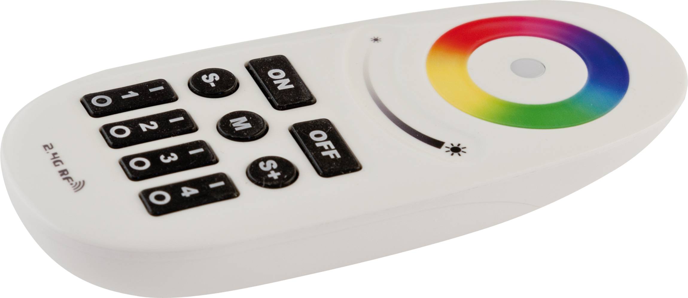 Biały pilot zdalnego sterowania do oświetlenia ze zmianą kolorów, z przyciskami numerowanymi i ON/OFF oraz okrągłym selektorem koła barw.