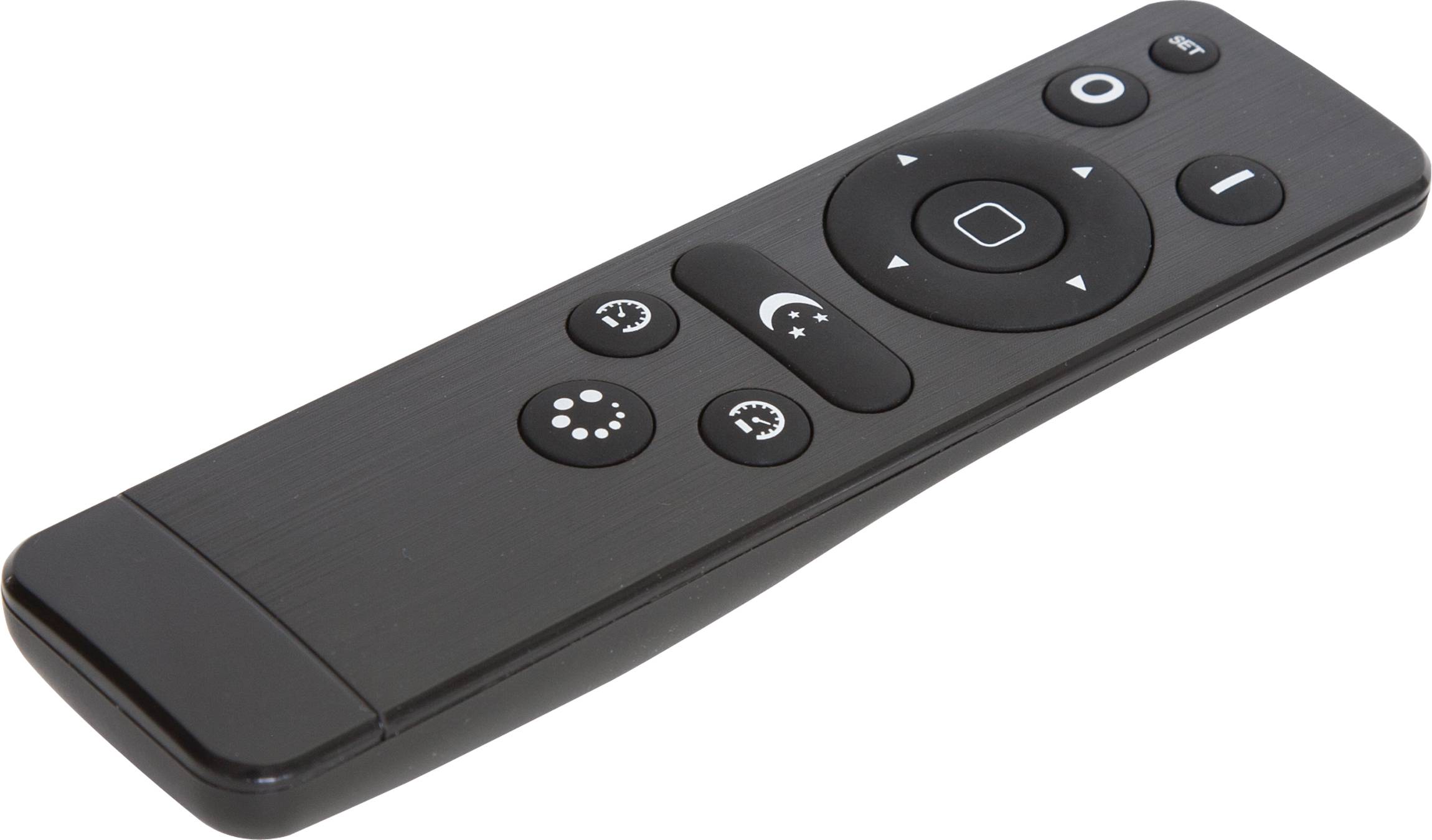 Czarny pilot do telewizora z klawiaturą kierunkową, przyciskiem wyboru i kilkoma przyciskami funkcyjnymi na białym tle