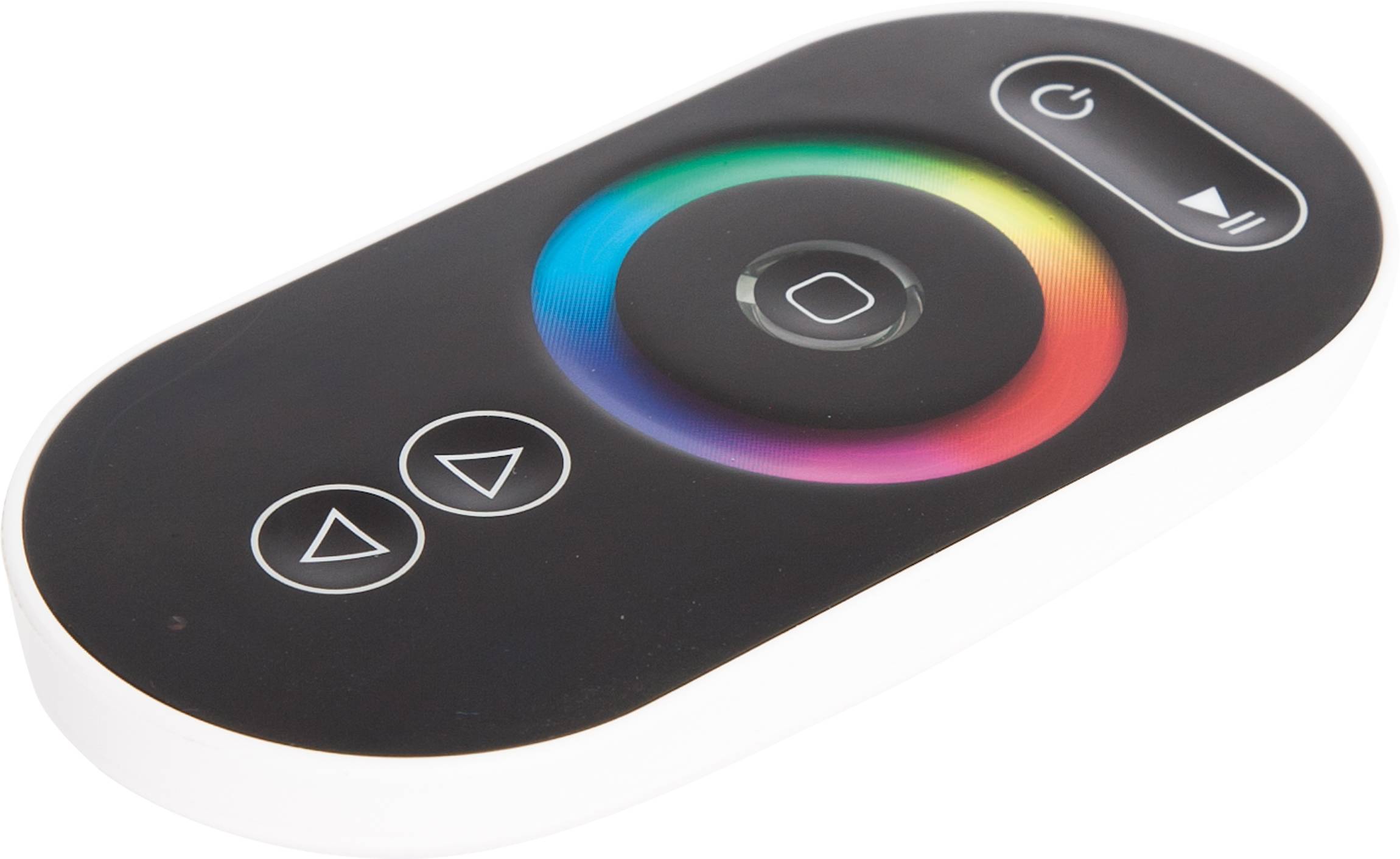 Czarny owalny pilot zdalnego sterowania z wielokolorowym kołem barw, przyciskiem zasilania i kontrolkami strzałek do regulacji ustawień oświetlenia lub koloru.