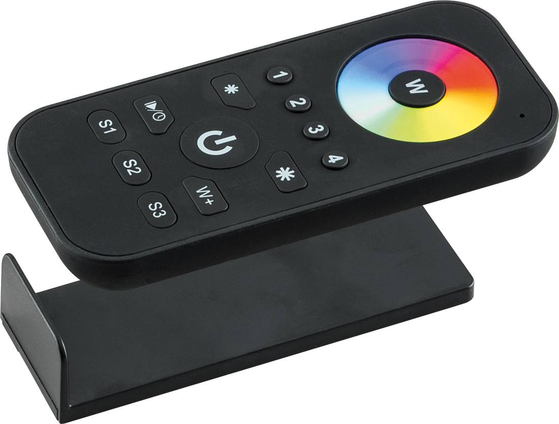 Czarny przenośny pilot spoczywający na statywie, ze środkowym przyciskiem zasilania, przyciskami numerowanymi i funkcyjnymi oraz wielokolorową tarczą kolorów.