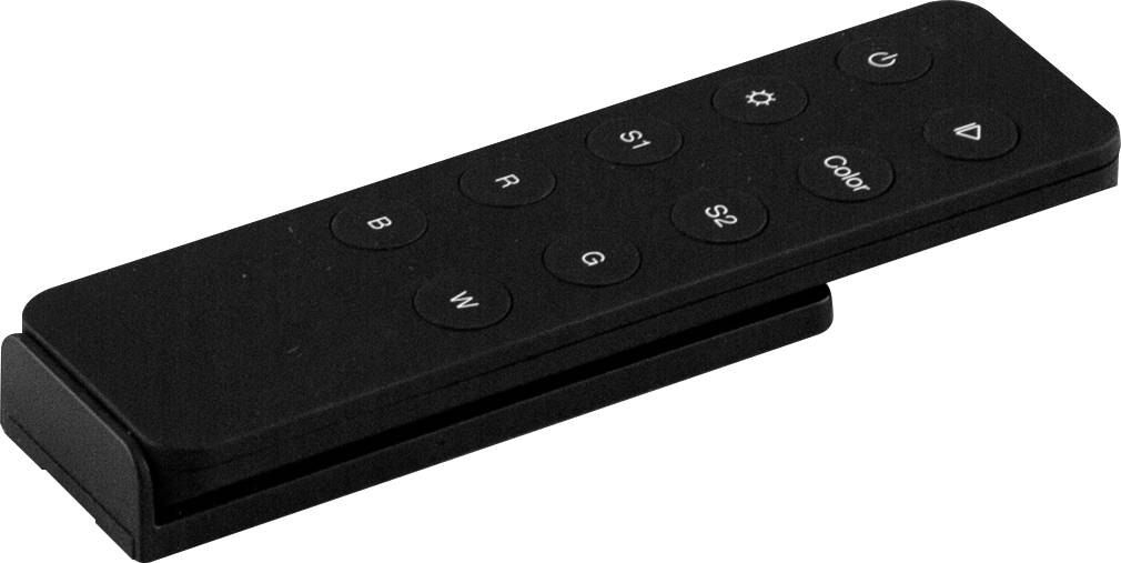 Czarny pilot zdalnego sterowania z wieloma okrągłymi przyciskami do zasilania, ustawień, odtwarzania i sterowania głosowego.