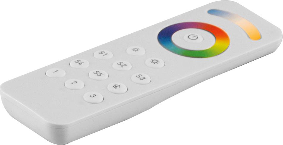 Biały pilot zdalnego sterowania LED z przyciskiem zasilania, kołem kolorów, suwakiem jasności i przyciskami trybów numerowanych.