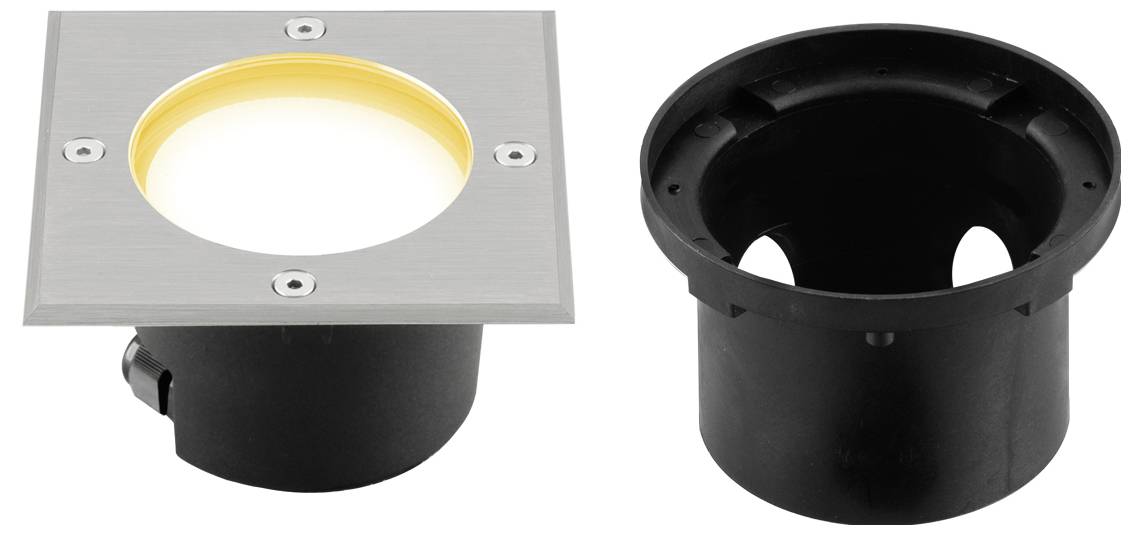 Zdjęcie produktu kwadratowego matowego metalowego pierścienia do oprawy recesowanej ze świecącym okrągłym otworem, pokazane obok oddzielnej czarnej cylindrycznej obudowy.