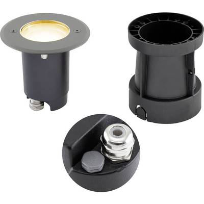 Czarna zewnętrzna lampa naziemna pokazana z przodu, z boku i w zbliżeniu, z obudową metalową i szczegółami zacisku przewodu.
