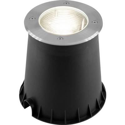 Czarna cylindryczna lampa naziemna z srebrną obwódką i wciśniętym otworem na żarówkę, pokazana na białym tle.