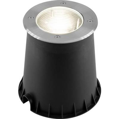 Czarna cylindryczna lampa ogrodowa do wbudowania w ziemię z srebrną metalową obwódką i wciąganym otworem na źródło światła, pokazana na białym tle.