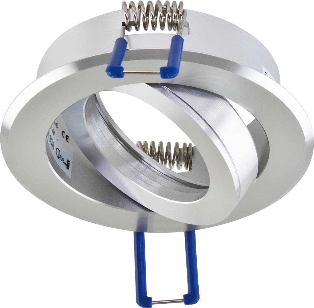 Wpuszczana lampa sufitowa ze stali nierdzewnej z regulowanym pierścieniem wewnętrznym, klipsami sprężynowymi i niebieskimi uszkami montażowymi na białym tle.