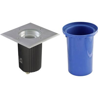 Podtynkowa lampa podłogowa z kwadratową metalową obudową i czarną osłoną, pokazana obok niebieskiego plastikowego tulejka lub tuby instalacyjnej.