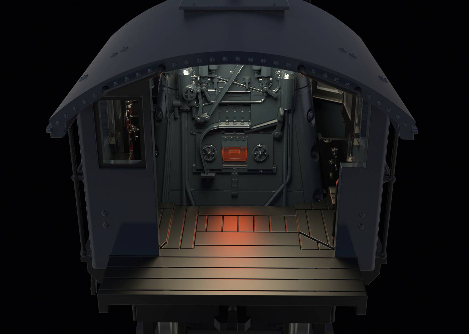 Widok wnętrza wagonu kolejowego od tyłu, z widokiem na elementy sterujące i czerwone oświetlenie na drewnianej podłodze.