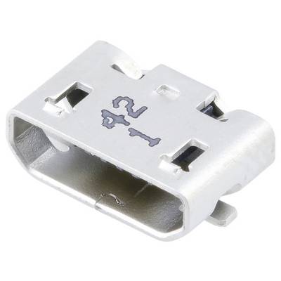Mały metalowy prostokątny złącznik z dwoma wewnętrznymi kolkami, przypominający gniazdo USB typu micro B, pokazany na białym tle.