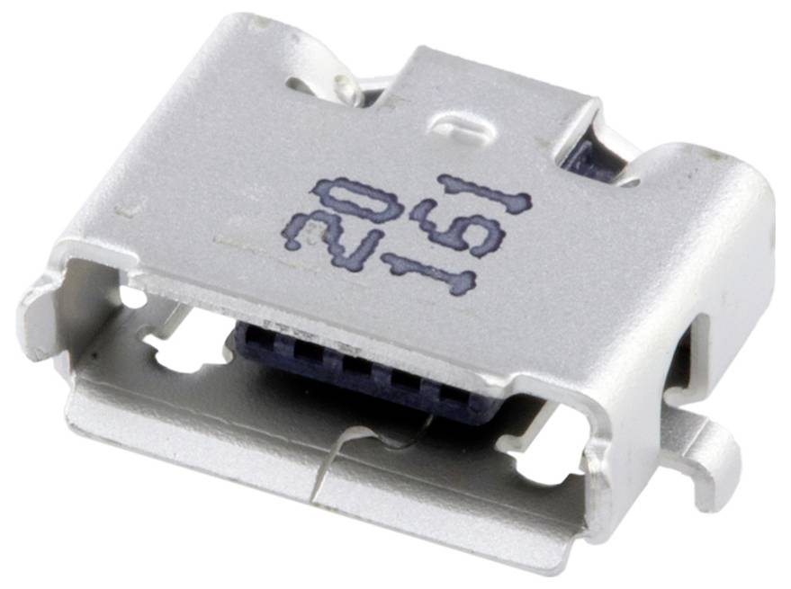 Zbliżenie srebrnego złącza micro USB, posiadającego rząd styków w środku i oznaczone '2B1' na zewnętrznej powierzchni.