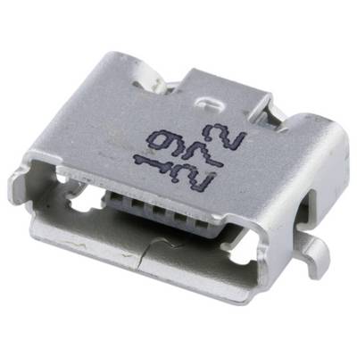 Złącze Micro USB z metalową obudową i wyprowadzeniami do lutowania, wykorzystywane do ładowania i transferu danych w urządzeniach elektronicznych.