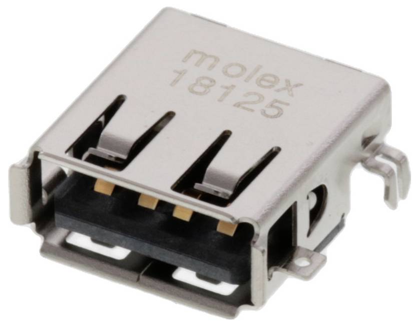 Srebrny prostokątny konektor USB oznaczony etykietą „molex 18125", z metalową obudową i widocznymi złotymi pinami kontaktowymi w środku.
