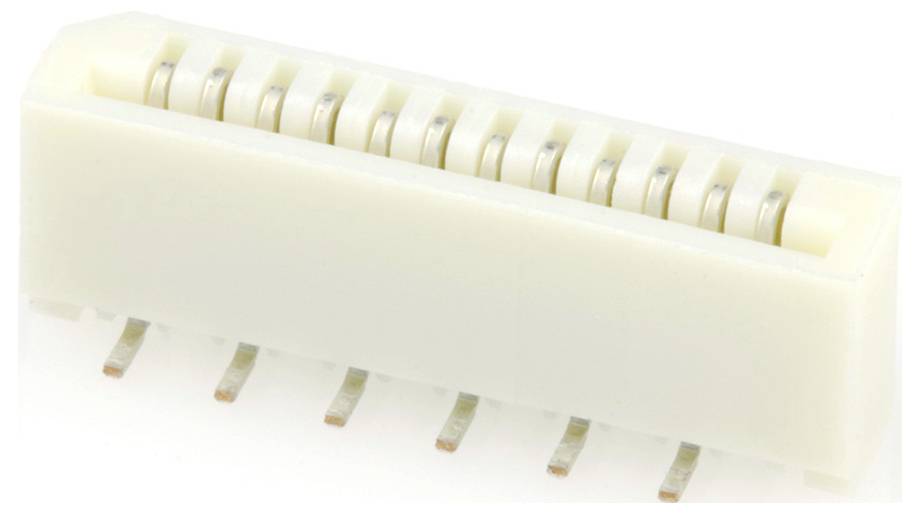 Biały plastikowy złącze z dziesięcioma metalowymi stykami kontaktowymi ułożonymi w jednym rzędzie, prawdopodobnie używane do połączeń w obwodach elektronicznych.