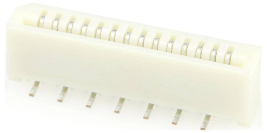 Biały prostokątny komponent elektroniczny z wieloma metalowymi pinami, przypominający złącze, umieszczony na jasnym tle.
