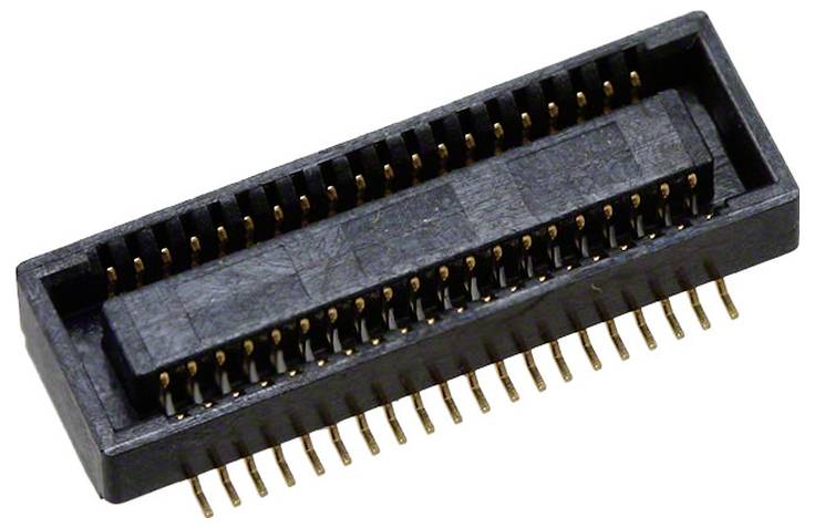 Czarny prostokątny złącze z wieloma złocie pomalowanymi stykami ułożonymi w dwa rzędy, używane do połączeń elektrycznych w urządzeniach elektronicznych.