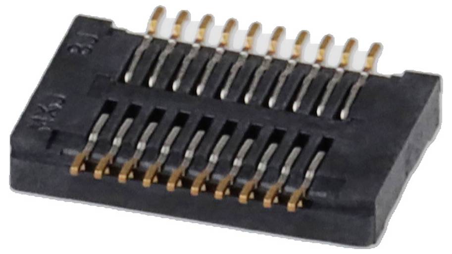 Komponent elektroniczny z 16 pozłacanymi stykami ułożonymi w dwóch rzędach, używany do połączenia płytek obwodów.