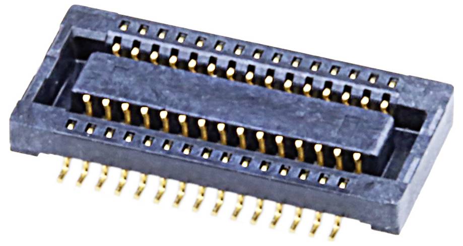 Zbliżone zdjęcie czarnego złącza elektronicznego z wieloma złotymi pinami ułożonymi w równoległych rzędach, przeznaczone do montażu na płytce PCB.