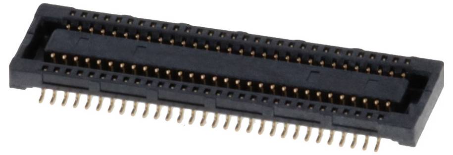 Prostokątny czarny złącze elektroniczne z wieloma złotymi pinami, przeznaczone do podłączania płytek drukowanych.