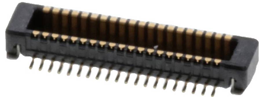 Czarny i złoty złącze elektryczne z wieloma stykami, zaprojektowane dla elektronicznych płytek obwodów, widziane pod kątem.